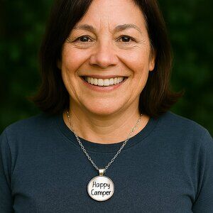 HAPPY CAMPER Necklace White Round Glass Silver Chain RV Motorhome Tent NEW